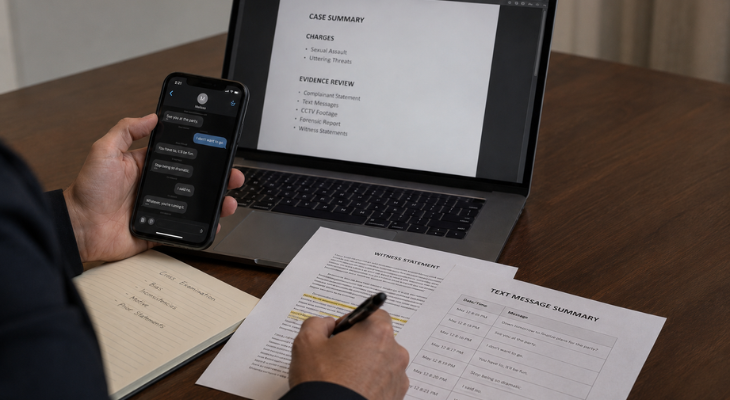 Legal professional reviewing text messages, witness statements, and digital evidence during preparation for a sexual assault defence case.