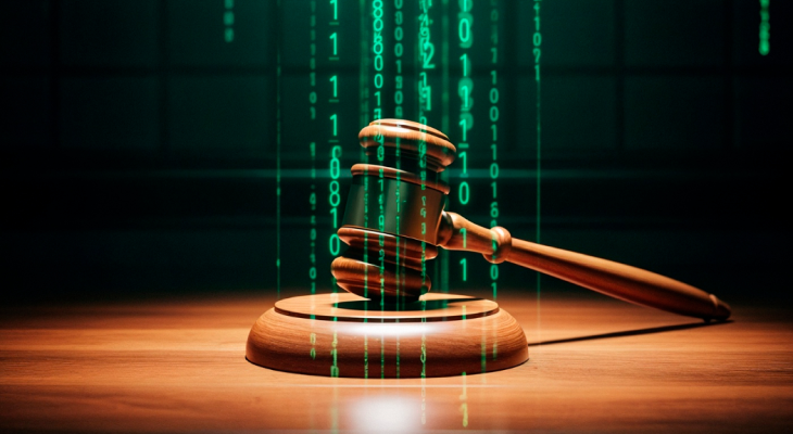 A wooden judge's gavel on a sound block overlayed with green binary code streams, representing an internet fraud lawyer defending against complex digital evidence during a bail hearing.