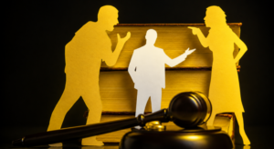Illustration of a domestic dispute with a legal mediator and judge's gavel representing domestic assault charges and criminal defense